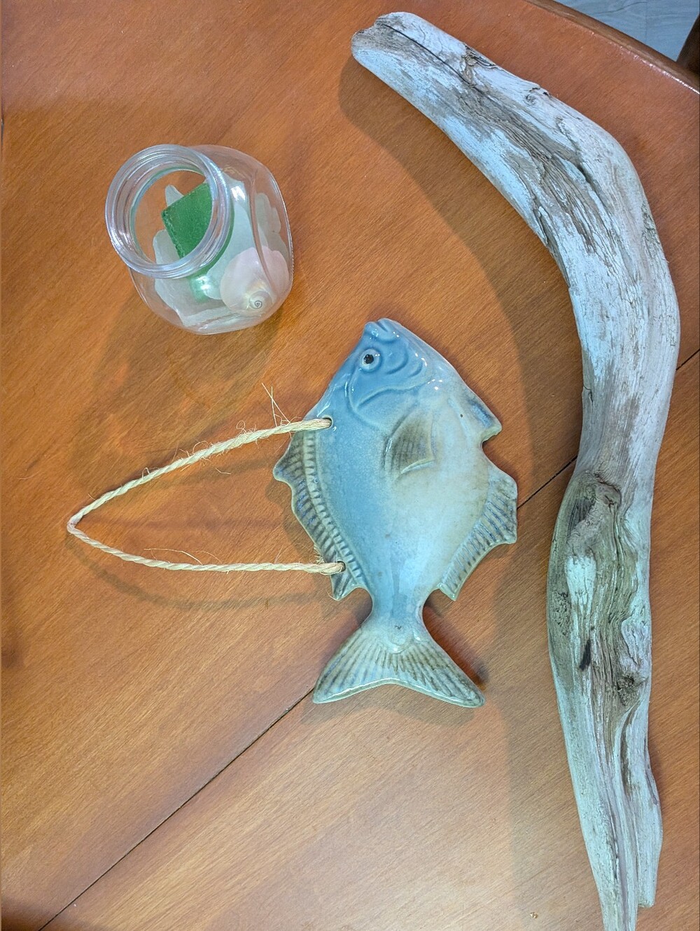 Ocean/Beach Decor Bundle - Fish, Driftwood, Glass Jar With Shell & Sea Glass